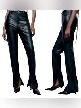 Zara Black Straight Leg Flare Slit Long Length Soft Faux Leather Stretchy Pants